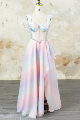 airy sheer corset ombre pastel tulle slit prom dress