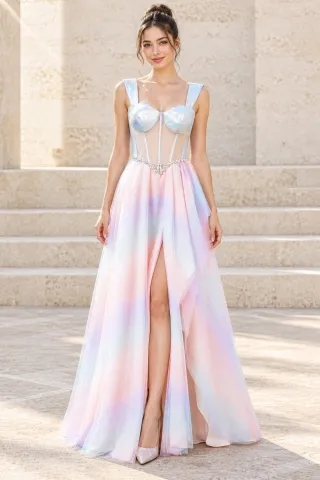 corset ombre tulle slit prom dress
