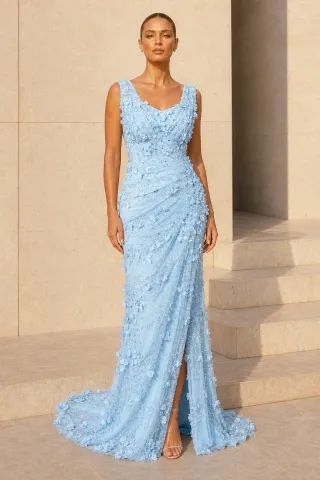 light blue 3D flower prom dress