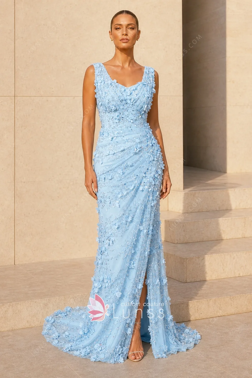 light blue 3D flower prom dress light blue 3D flower prom dress