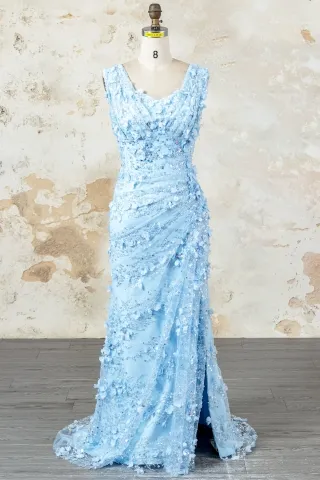 light blue 3d flower silver sequins slit evening dress