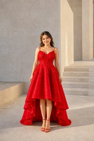 red floral applique high low graduation dress