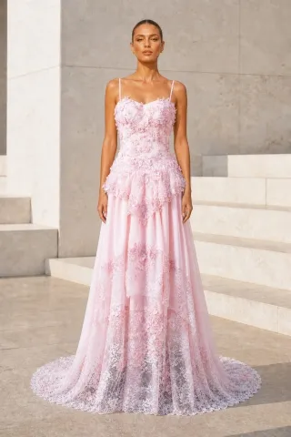 pink 3D flower peplum prom dress