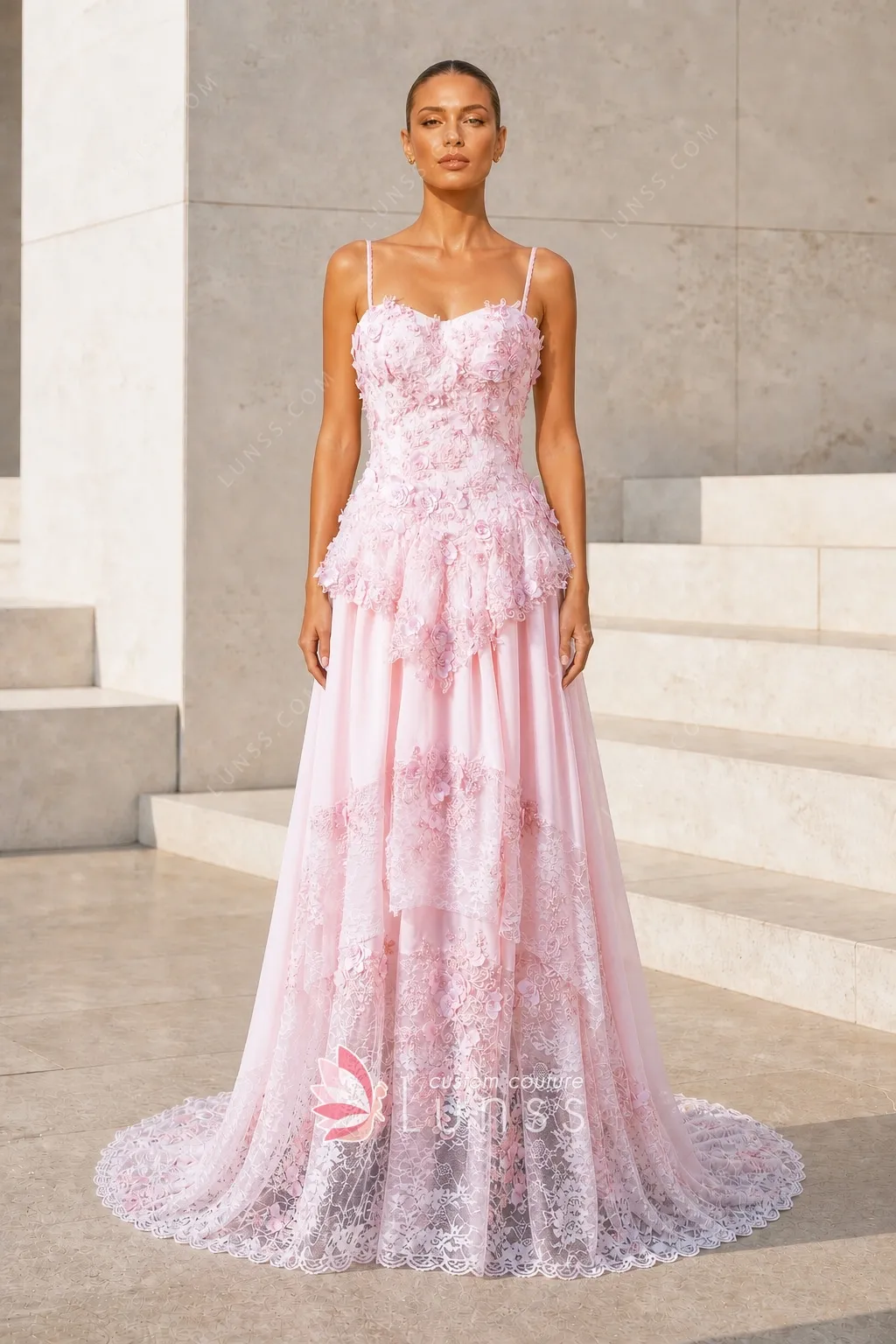 pink 3D flower peplum prom dress pink 3D flower peplum prom dress