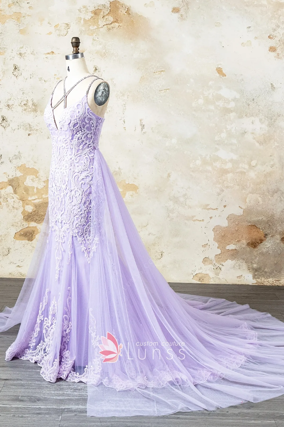 lilac lace and tulle wedding dress with overskirt lilac lace and tulle wedding dress with overskirt