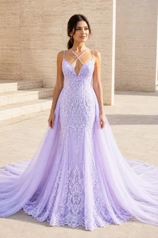 lilac mermaid gown with beaded straps and overskirt