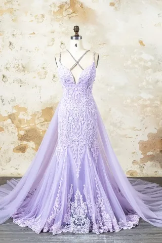 lilac mermaid wedding gown with beaded straps overskirt