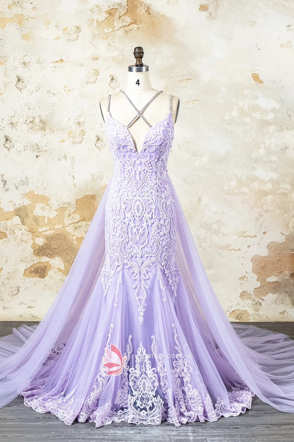 lilac mermaid wedding gown with beaded straps overskirt lilac mermaid wedding gown with beaded straps overskirt