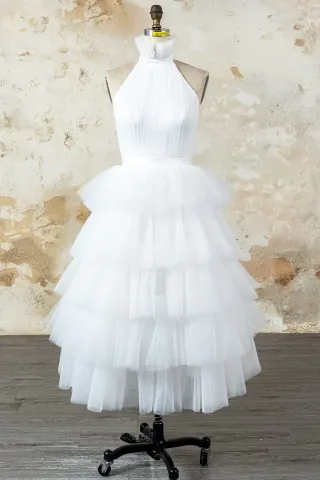 chic halter tiered tulle ankle length bridal party dress