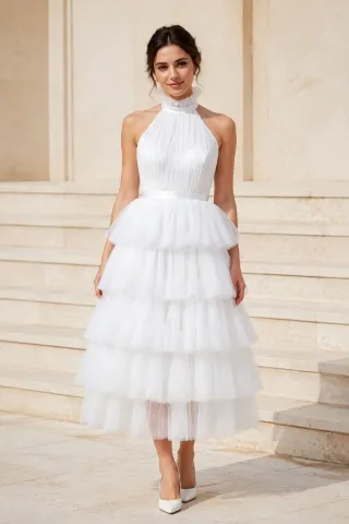 halter neck tiered tulle ankle length party dress