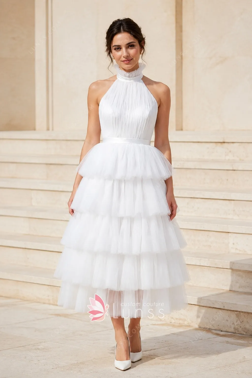 halter neck tiered tulle ankle length party dress halter neck tiered tulle ankle length party dress