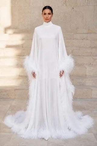 feather trim high neck sheer chiffon robe dress