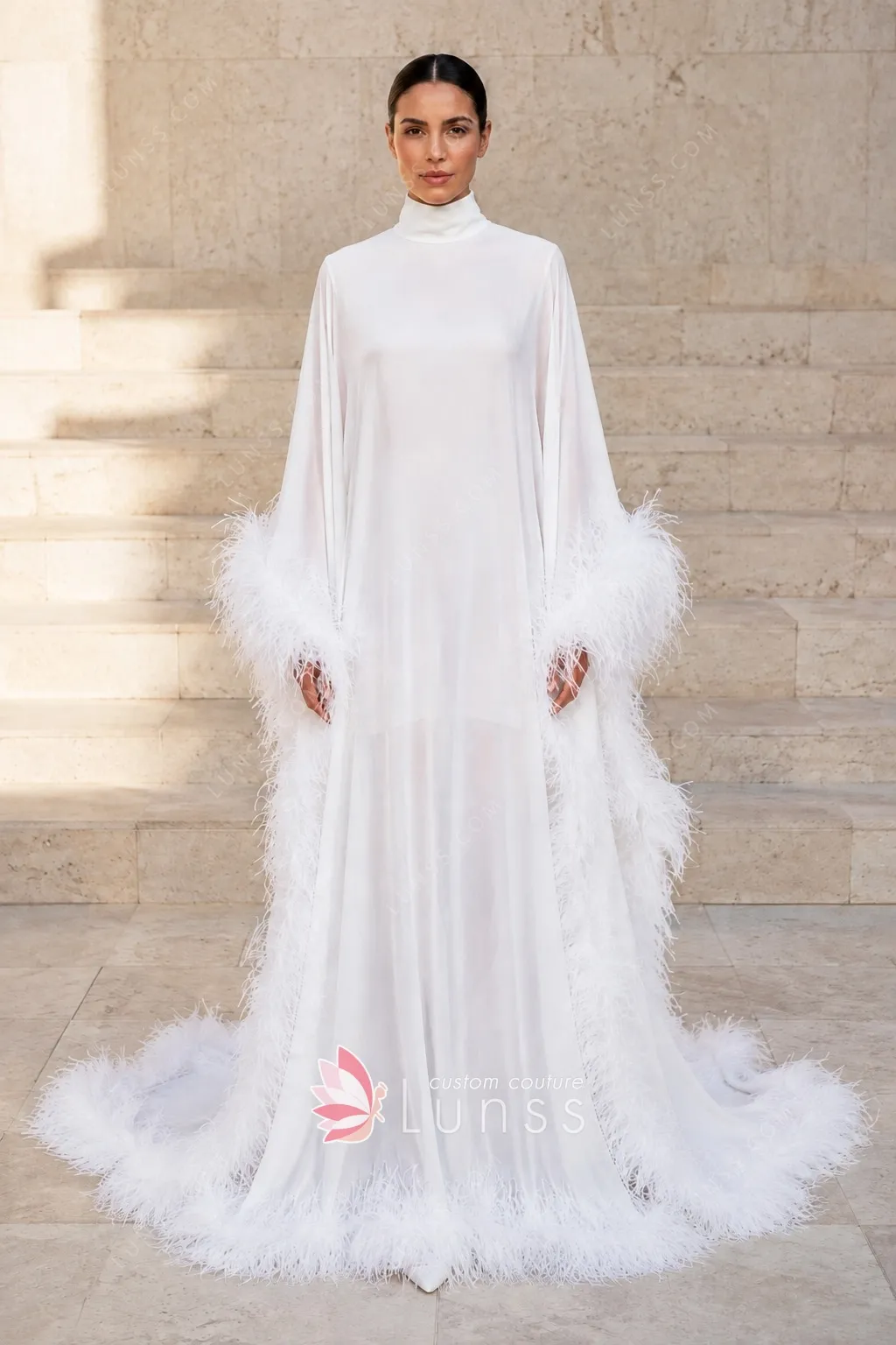 feather trim high neck sheer chiffon robe dress feather trim high neck sheer chiffon robe dress