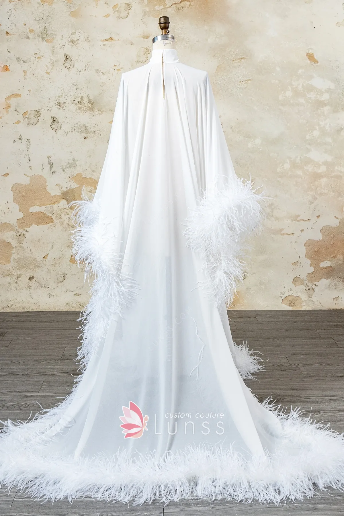 feather trimmed high neck sheer chiffon cape feather trimmed high neck sheer chiffon cape