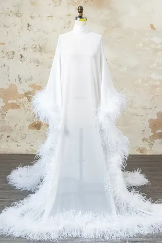 feather trimmed high neck sheer chiffon evening dress