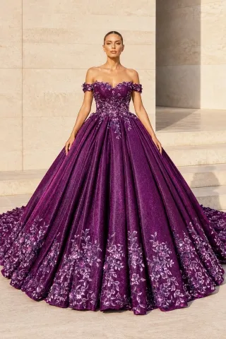 glitter plum lurex quinceaera dress