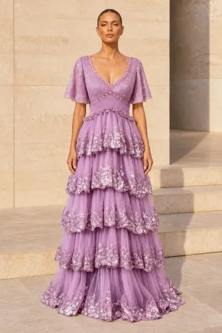 dusty mauve flutter sleeve tiered evening dress