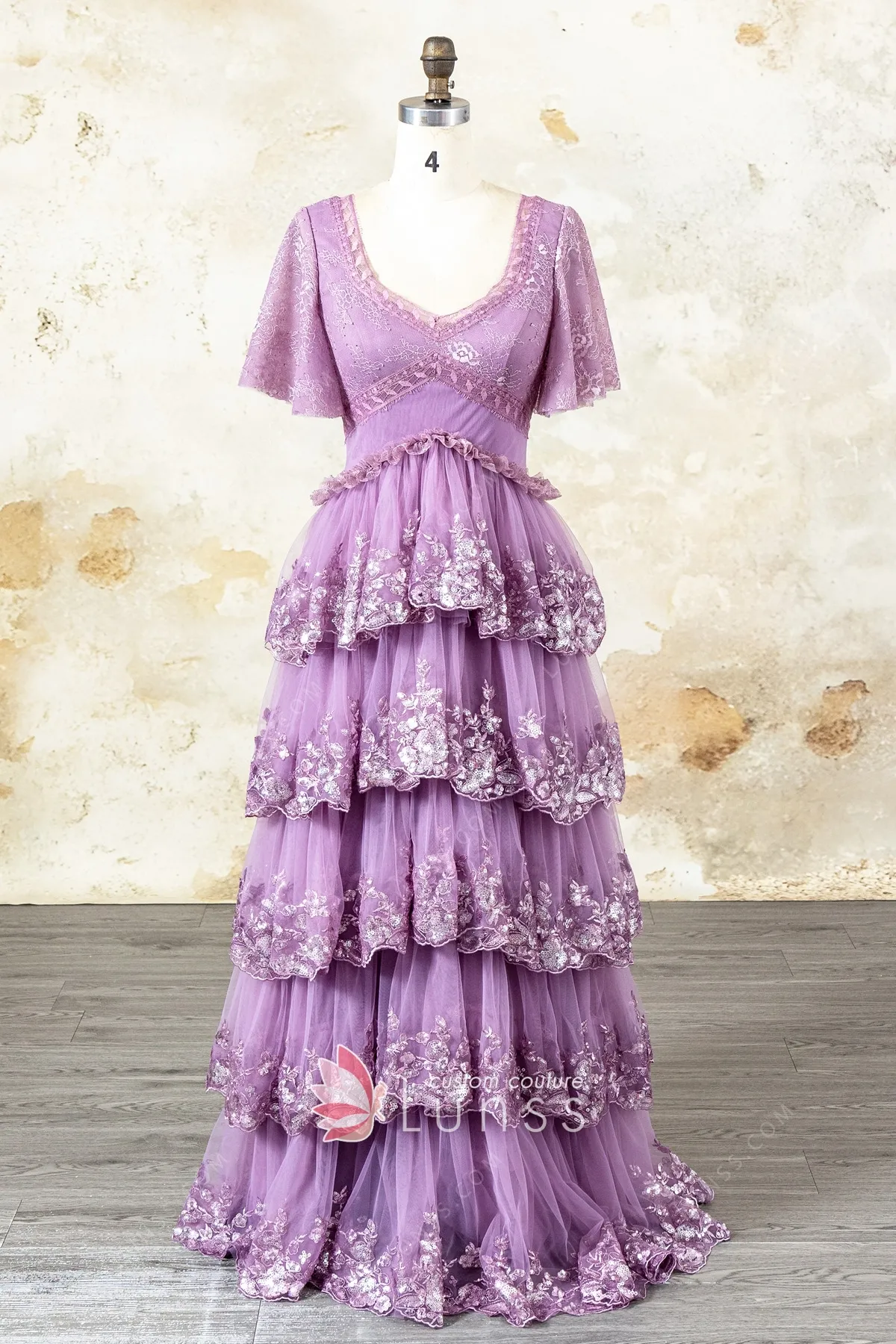 dusty mauve tulle lace flutter sleeve tiered long dress dusty mauve tulle lace flutter sleeve tiered long dress