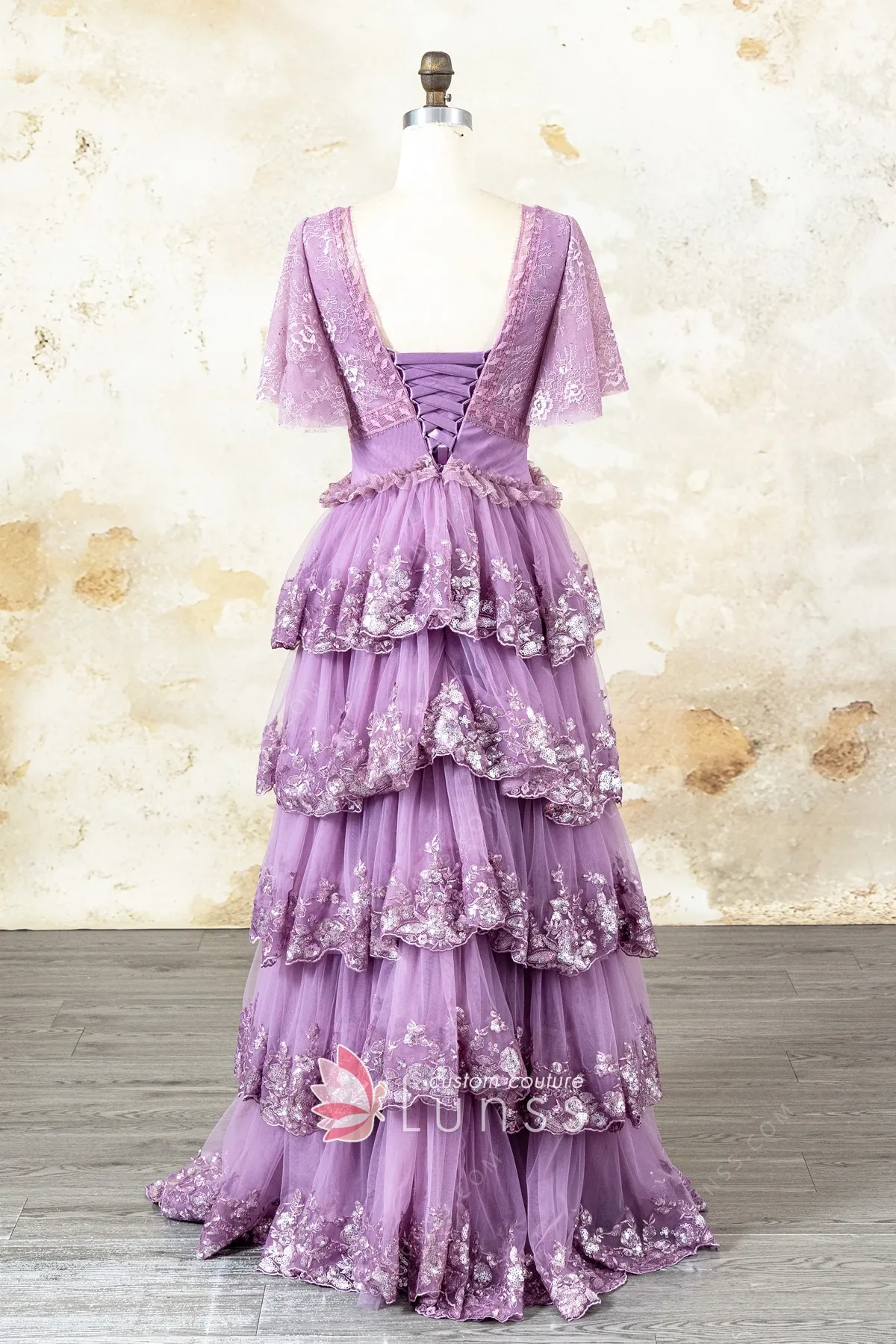 flutter sleeve tiered lace and tulle formal dress flutter sleeve tiered lace and tulle formal dress