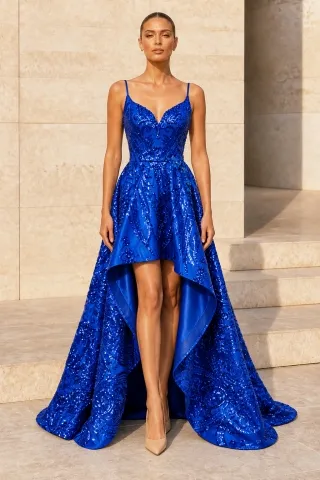 royal blue sequin high low prom dress