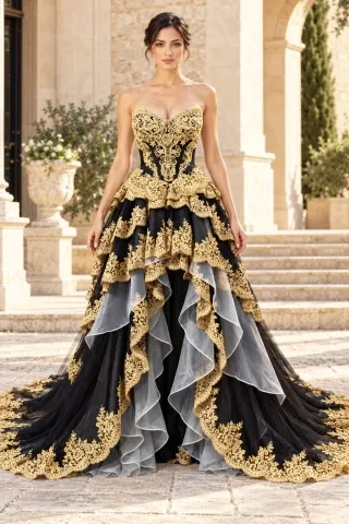 black and gold lace and satin tiered prom dress