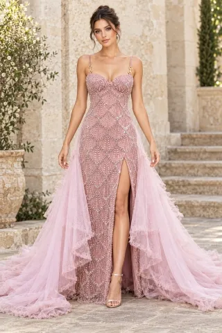 scallop beaded slit evening dress