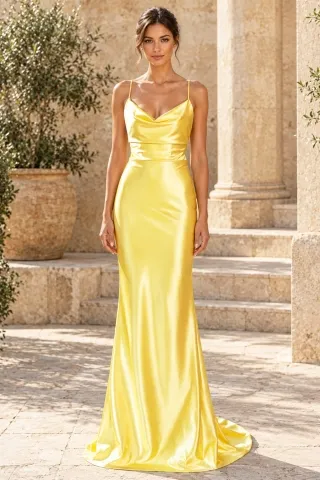 yellow satin cowl neck mermaid dress