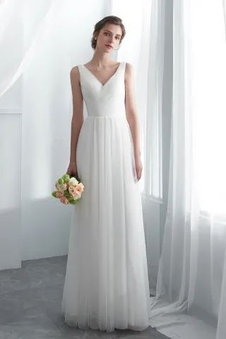 ivory tulle v neck sleeveless long casual bridal dress