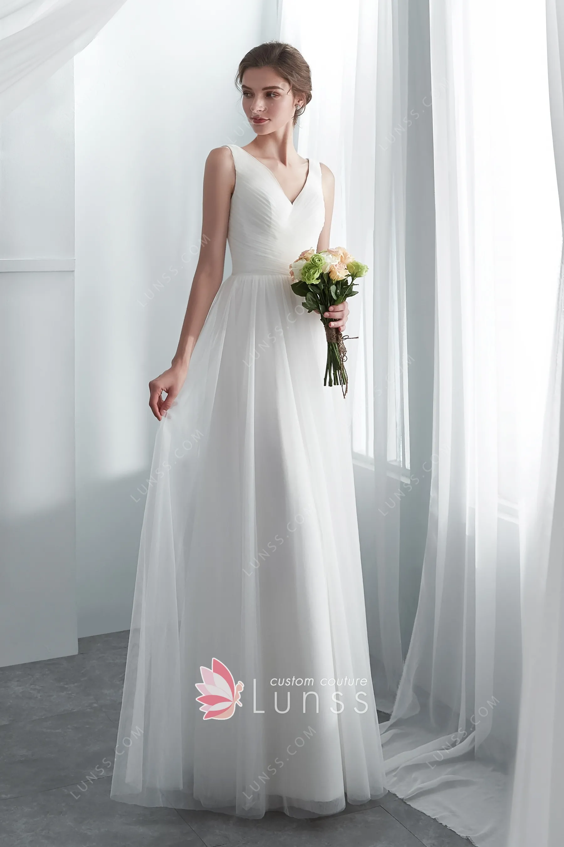 Sleeveless Maxi Tulle Regular Wedding Dress nor483