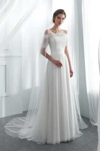 modern strapless a line long bridal gown with lace bolero