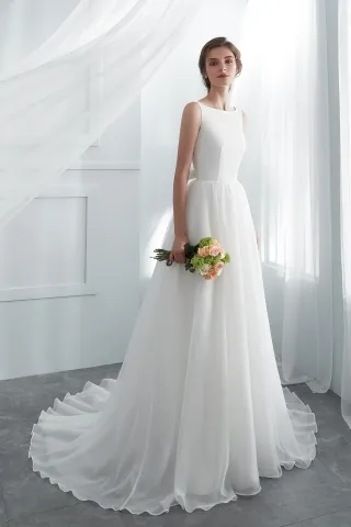 bateau neckline sleeveless modern satin organza wedding gown