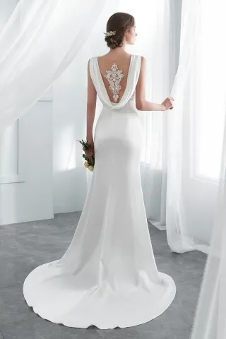 lace cowl back ivory satin mermaid sleeveless bridal gown