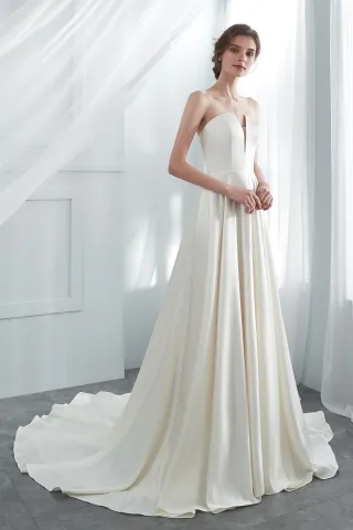 ivory satin strapless a line long minimalist bridal dress