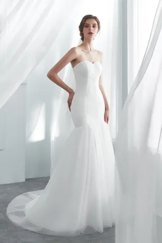 modern trumpet pleated tulle dropped waist bridal dress