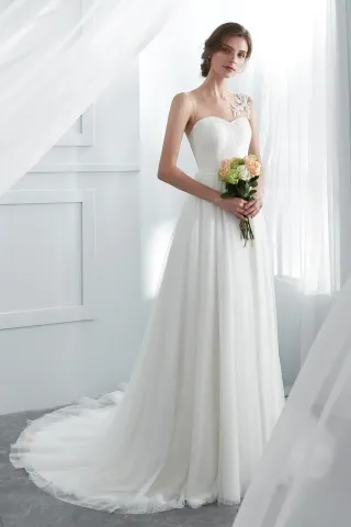 illusion neck lace and tulle a line spring wedding dress