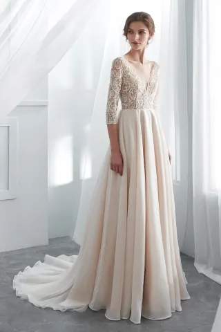 beaded lace champagne 34 sleeve vintage wedding dress