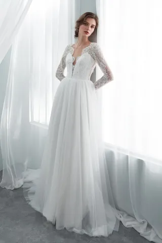 scalloped lace tulle long sleeve bohemian bridal dress