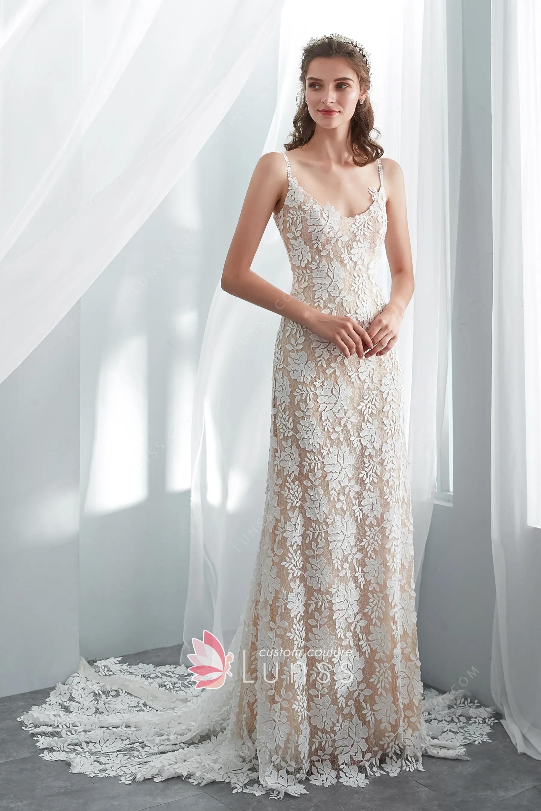 Champagne Lace Spaghetti Straps Bohemian Wedding Dress Lunss