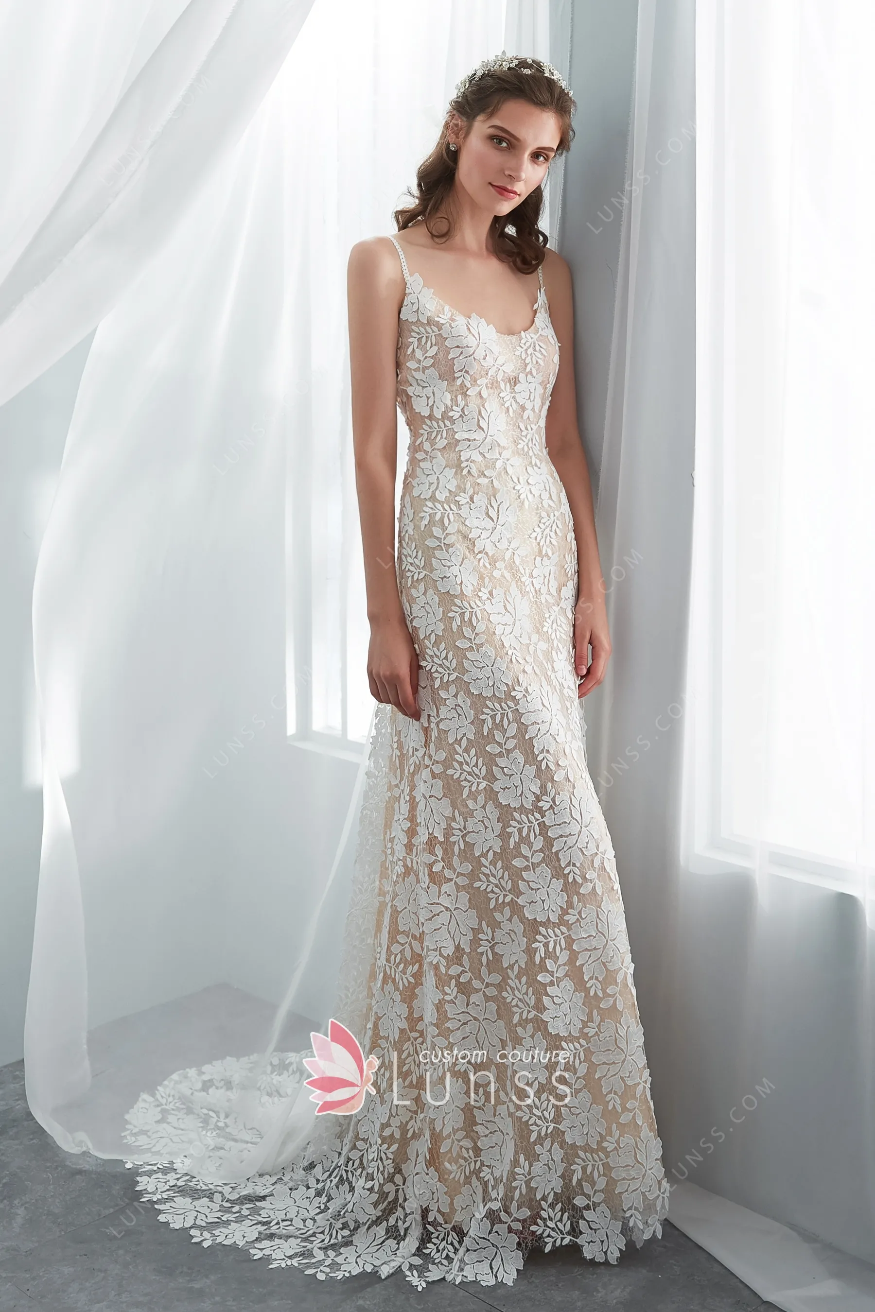 bohemian spaghetti strap wedding dress