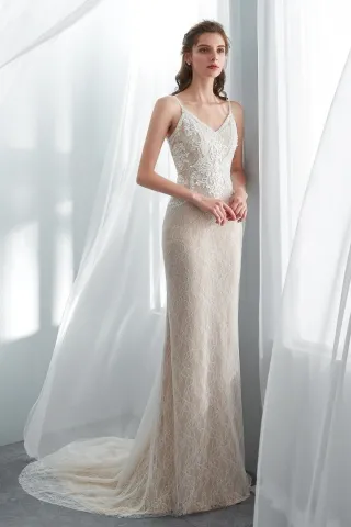beaded lace mermaid open back champagne wedding dress