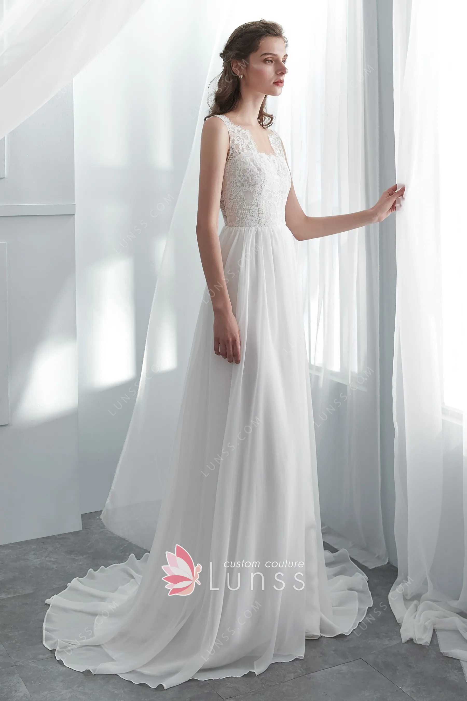 Illusion Neckline Sheer Back Beach Lace Chiffon A-line Wedding Gown TWA0552