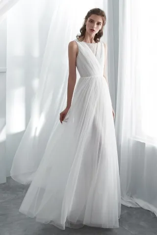 illusion neck pleated tulle simple beach wedding dress