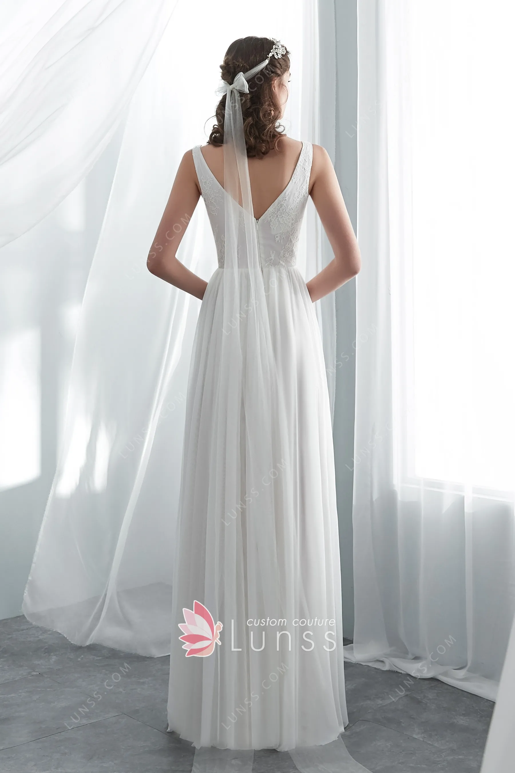 Flirty Lace & Tulle Vneck Long Informal Wedding Dress Lunss