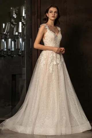 sequin lace tulle nude pink destination wedding dress