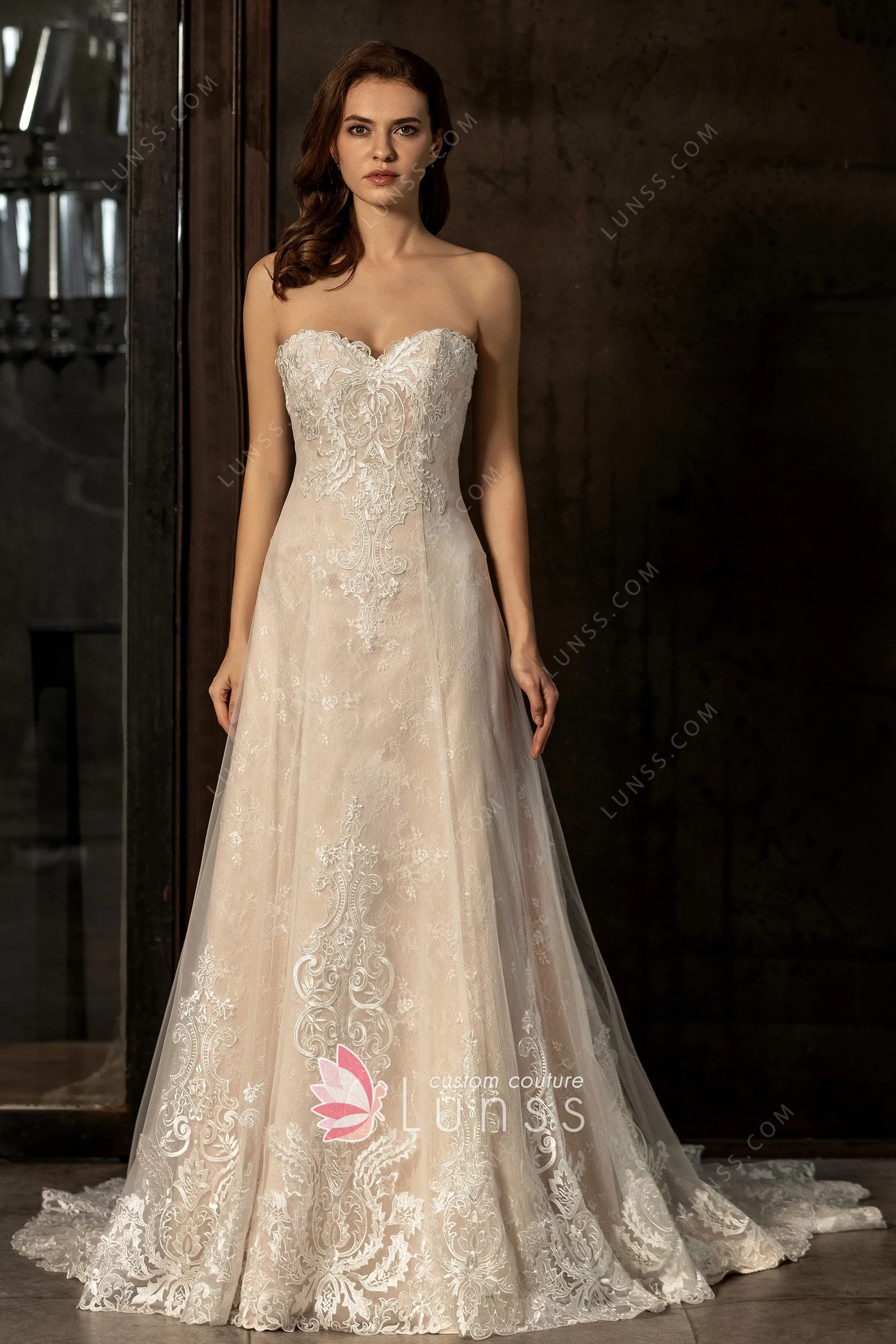 Strapless Sweetheart Pink Nude Lace Wedding Dress