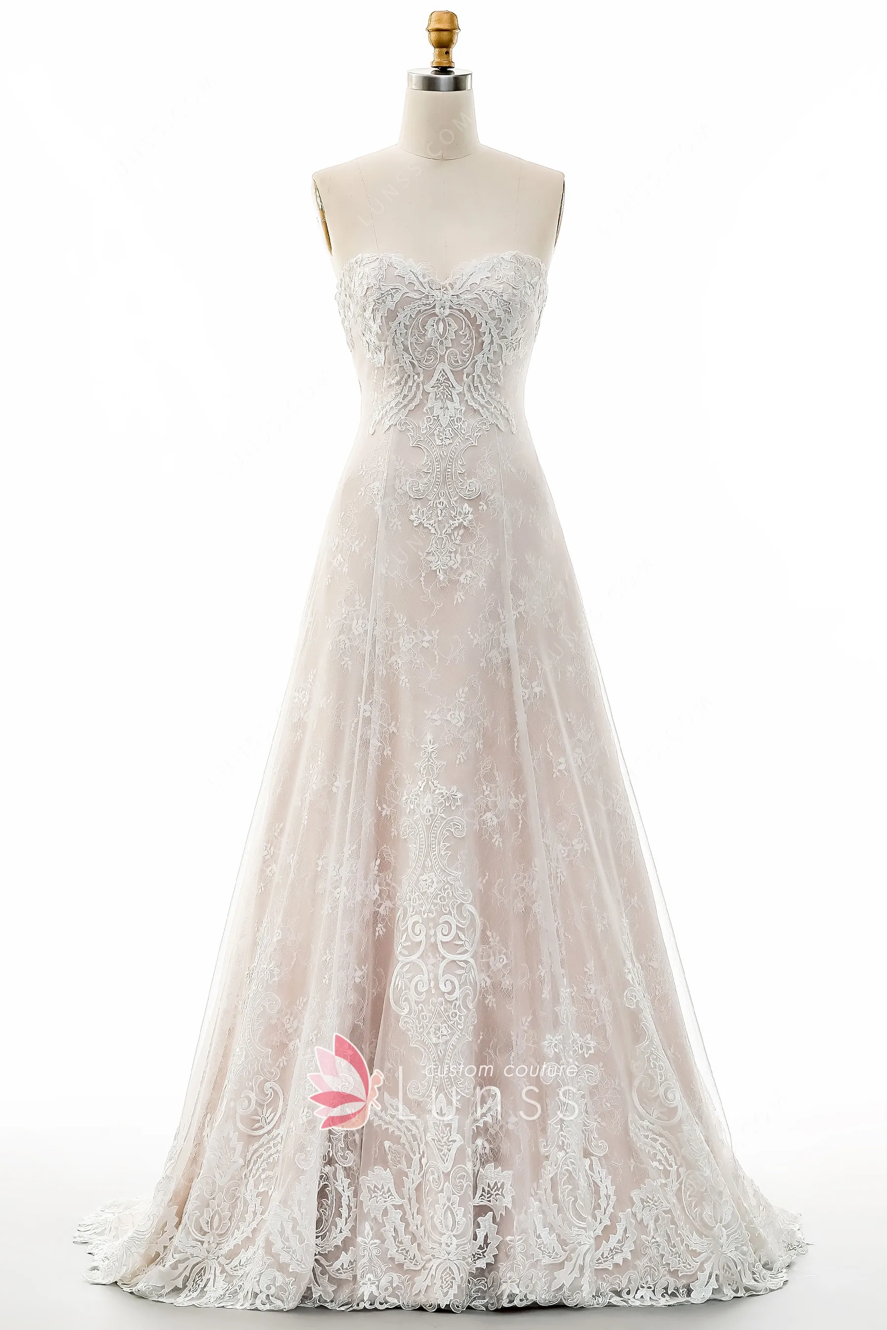Classic Pink Nude Lace Tulle Sweetheart Neck Bridal Dress Lunss
