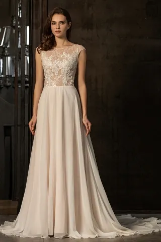 beaded lace chiffon cap sleeve destination wedding gown