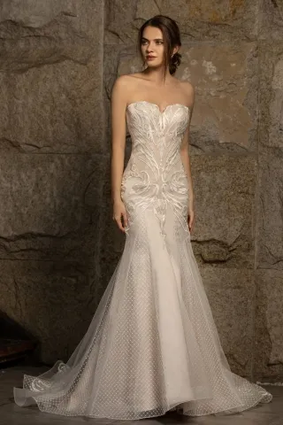 modern nude pink geometric lace mermaid wedding dress