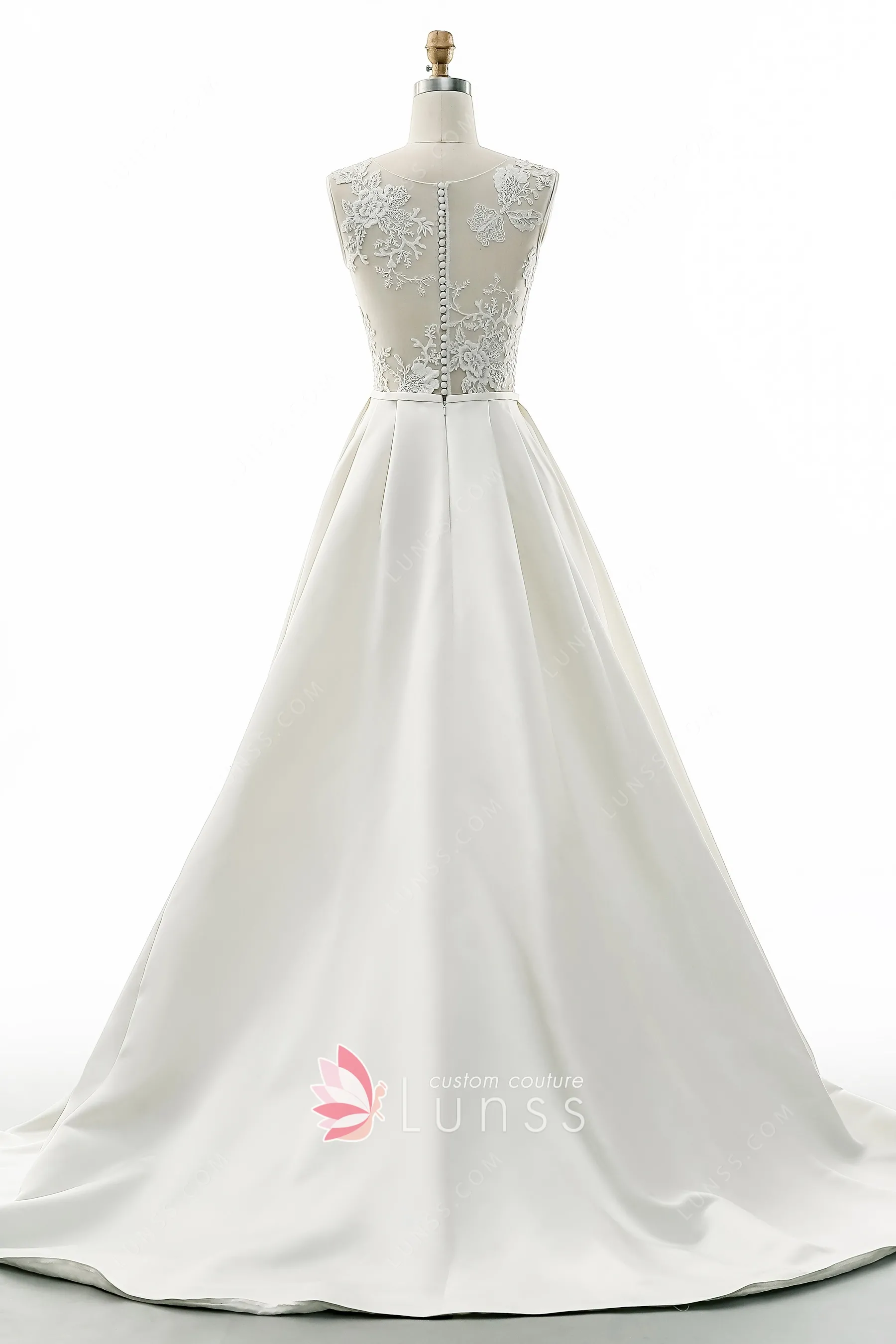 Lace Chiffon V-Neck Illusion Back Court A-line Bridal Dress, Sash main image 1