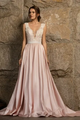 sequined lace taffeta nude pink informal bridal dress